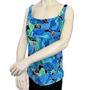 Woman’s Lands’ End Floral Periwinkle Blue, Black & Green Tankini Swim Top ~ 14L